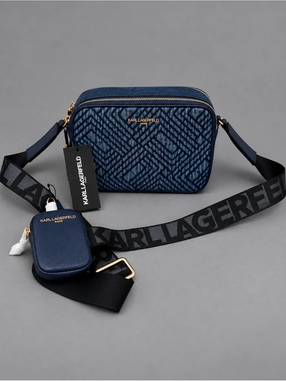 Karl Lagerfeld Navy Textured Logo Crossbody with Branded Strap